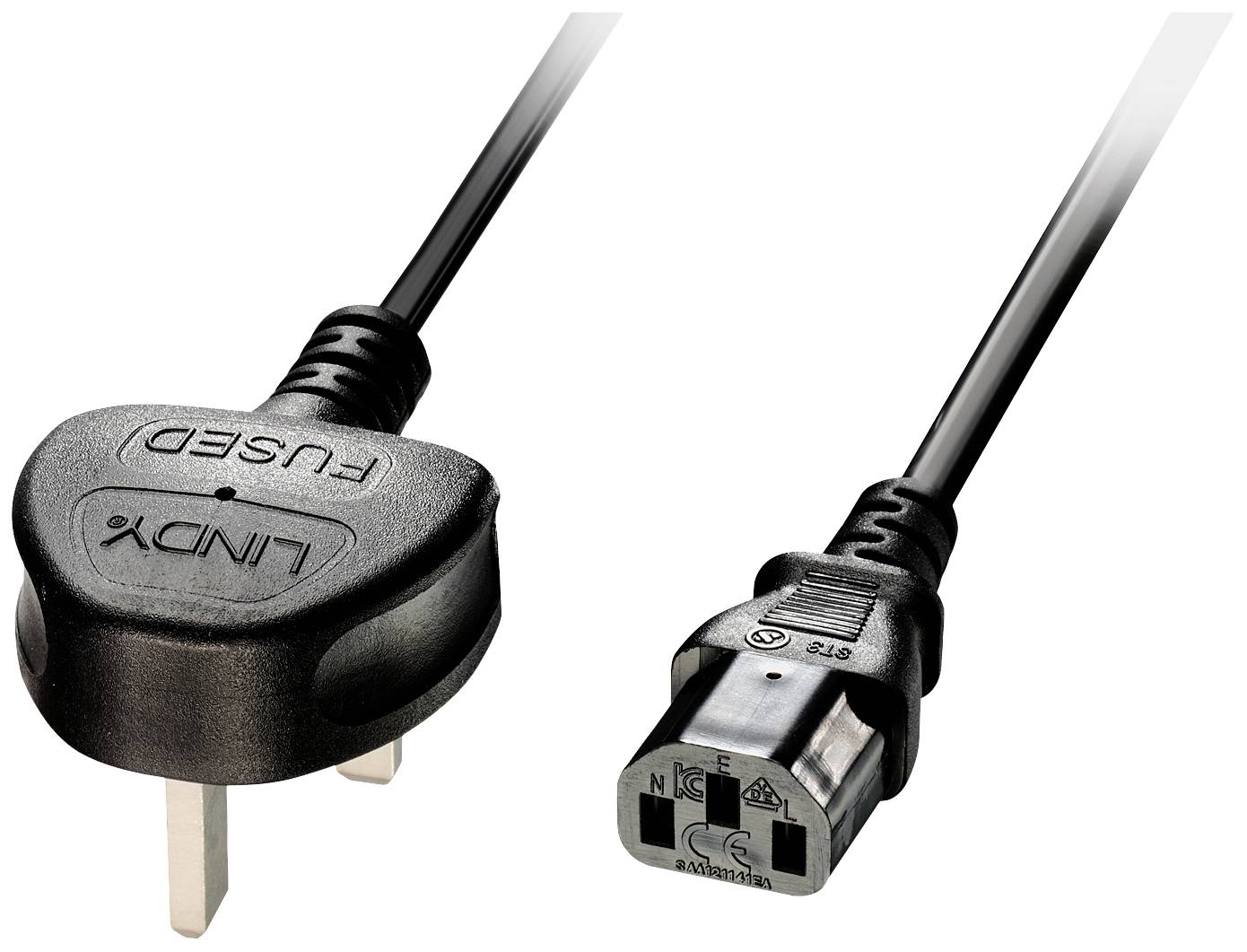 'Image of a network cable with UK plug on the left and IEC plug on the right, used for connecting devices to power sources.'