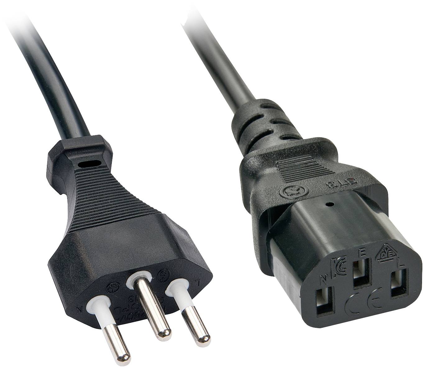 'Power cable with Euro plug on the left and C13 connector on the right.'