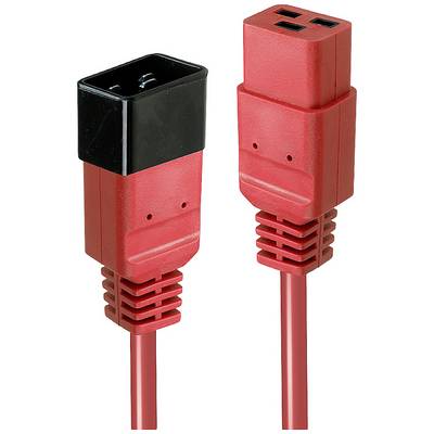 Two red IEC power cables: on the left a socket, on the right a plug. Both have black protective caps on their ends.