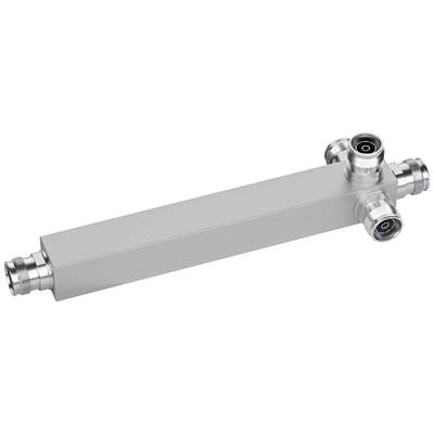 A rectangular, silver metal tube with connections at both ends and two additional connections on the top surface.