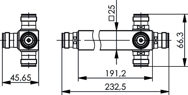 Technical drawing of a valve with dimensional specifications. Dimensions: 66.3 mm height, 191.2 mm length. Shows connections and diameter of 25 mm.