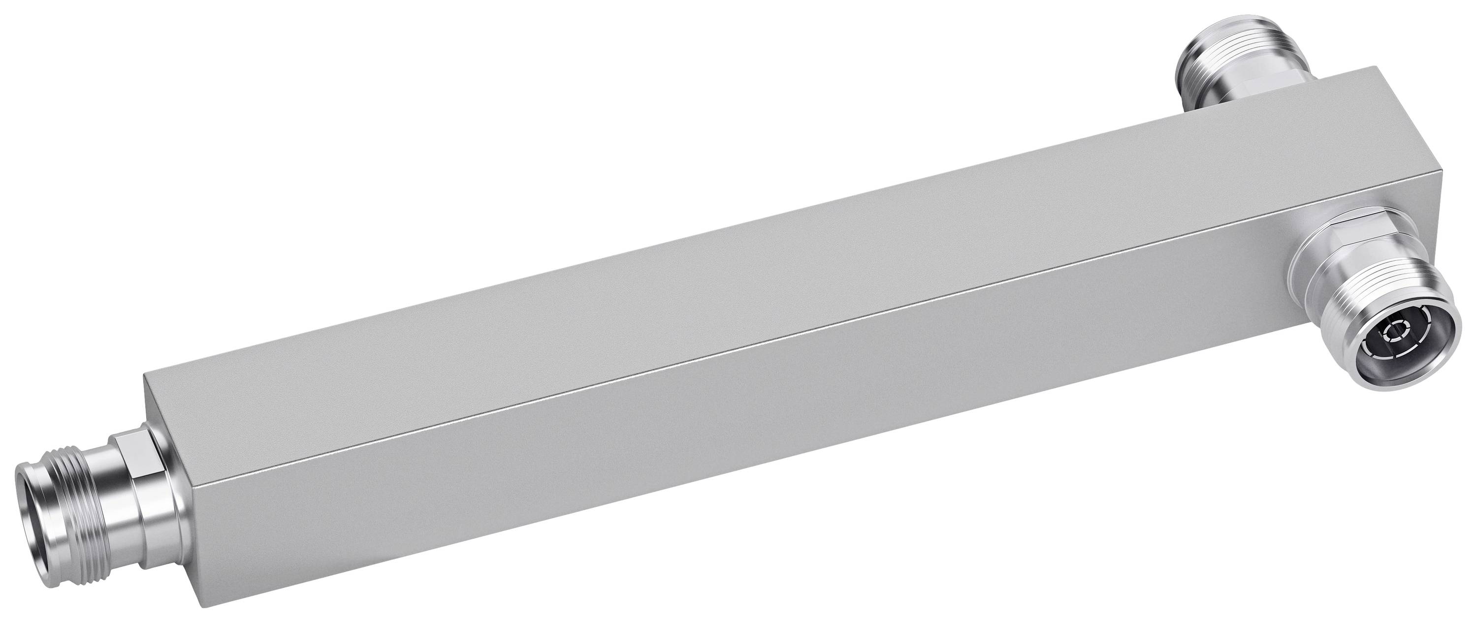 Rectangular metal connecting component with threads at both ends, used in technical or industrial applications.