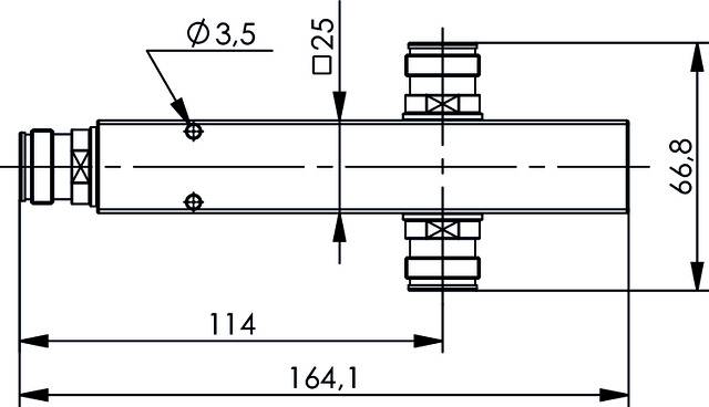 Technical Drawing of a Rectangular Component with Dimensions: 164.1 mm Length, 66.8 mm Height. Two Connections at the Top, One at the Bottom.