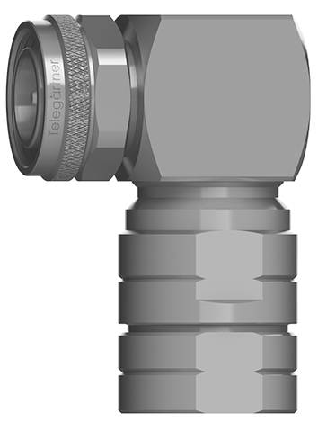 Metal 90-degree threaded angle connector, suitable for industrial pipe connections. 'Telegärtner' marking visible on the nut.