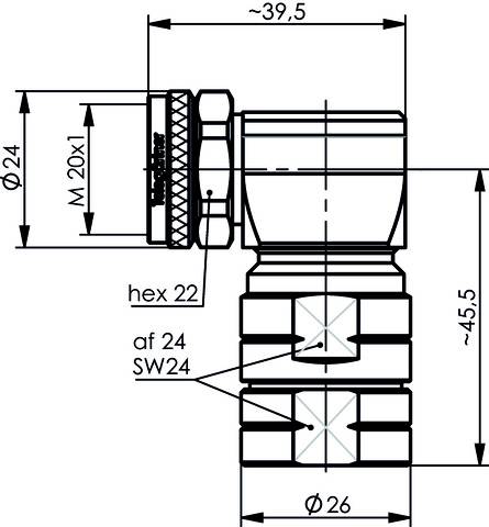 Technical drawing of a rectangular pipe with dimensions: total length approx. 39.5 mm, diameter 24 mm, connection M 20x1.