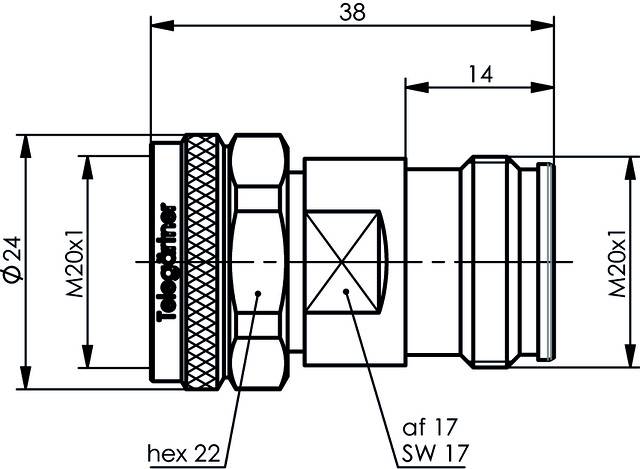 Technical drawing of a connector with the following dimensions: Total width 38 mm, main connection M20x1, other markings such as 'hex 22' and 'af 17 SW 17'.