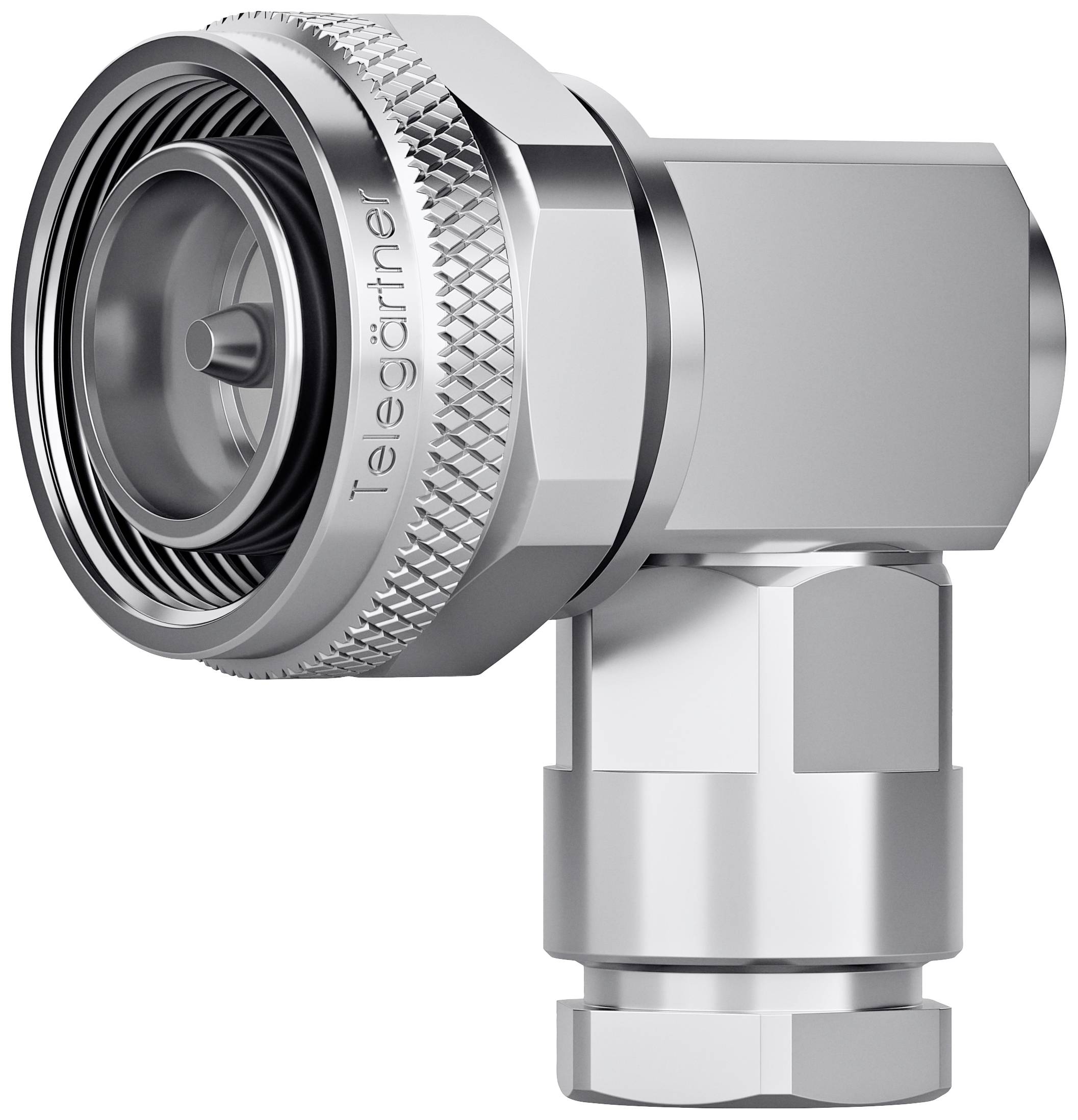 A silver coaxial plug with an angle adapter, likely for technical applications such as aerials or communication devices.