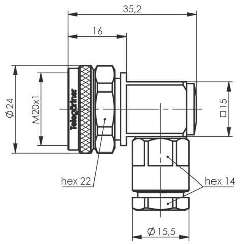 Technical drawing of a metal connector with dimensions: Total length 35.2 mm, diameter details, thread M20x1, hexagon 22 and 14 mm.