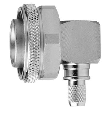 Metal connecting element with a threaded screw and knurled edge. Commonly used in hydraulic or pneumatic systems.