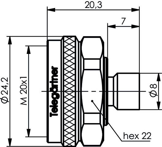 Technical drawing of a cylindrical component with dimensions: Diameter 24.2 mm, Length 20.3 mm, Thread M20x1, Hexagon 22 mm.