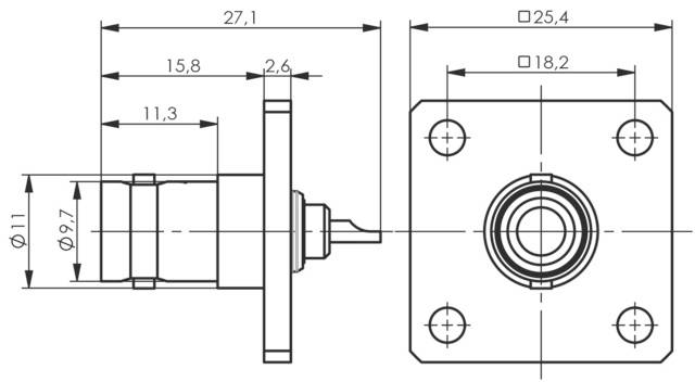 Technical drawing of a connector. Dimensions: Length 27.1 mm, Width 25.4 mm. Hole diameters 11 mm and 9.7 mm.