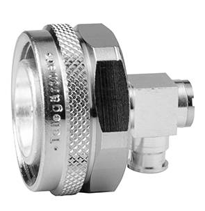 A chrome-plated quick-release coupling for compressed air systems, with knurled surface and side connection.