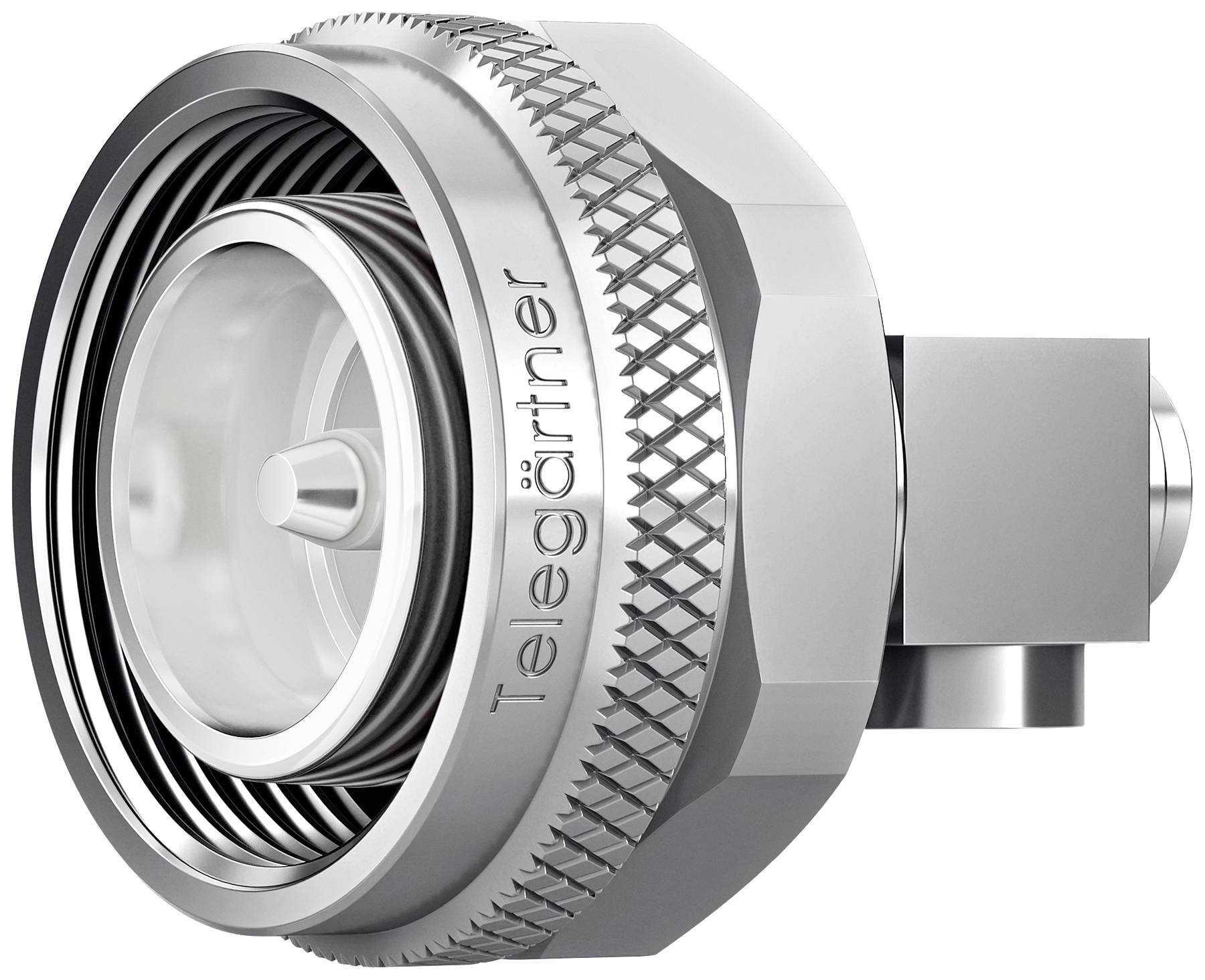 Silver-gleaming plug connector with side labelling 'Telegärtner', technical connection for cable connections.