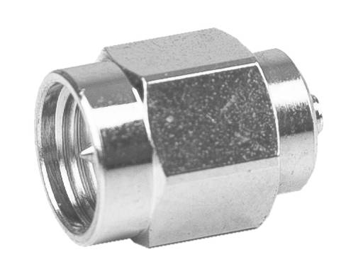 Metallic F-type connector adapter, front-mounted with a threaded screw, for connecting coaxial cables.