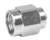 Metallic F-type connector adapter, front-mounted with a threaded screw, for connecting coaxial cables.