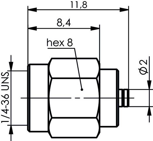 Technical drawing of a cylindrical component with dimensions: diameter 11.8 mm and 8.4 mm, hexagon socket spanner size 8 mm.