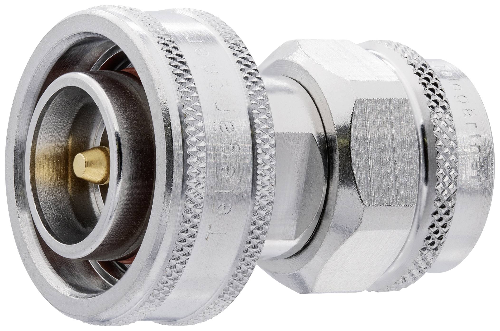 Metallic electrical connector system with a circular housing, central contact pin, and knurled edges for secure grip.