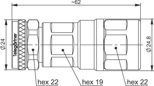 Technical drawing of a cylindrical connector with 'Telegrip' marking, dimensions: length ~62 mm, diameter Ø24 mm, hexagon 22, 19 and 22 mm.