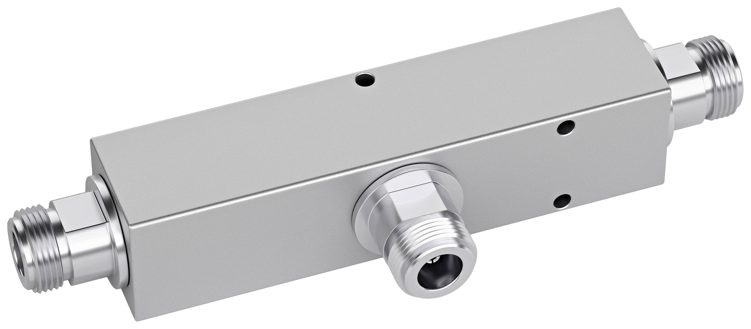 Metallic hydraulic connector with three connection points; rectangular design.