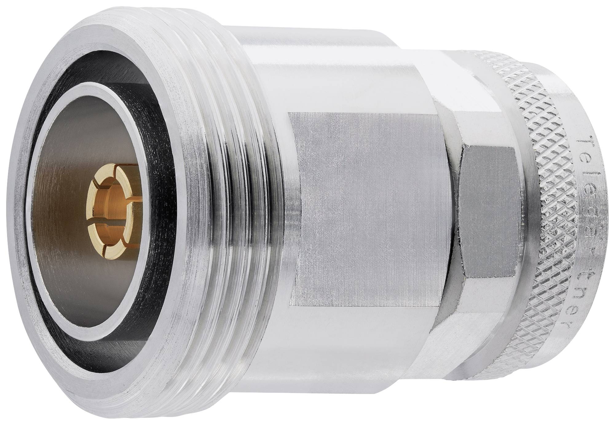 Metal socket adapter with a ribbed external surface and central socket connection, used in communication and electronic devices.