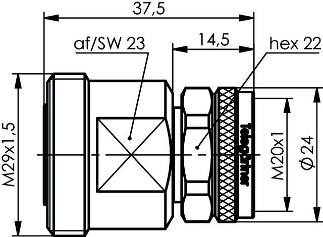 Technical drawing of a metal connector with dimensions: 37.5 mm width, 14.5 mm length, thread sizes M29x1.5 and M20x1. Markings are hex 22 and af/SW 23.