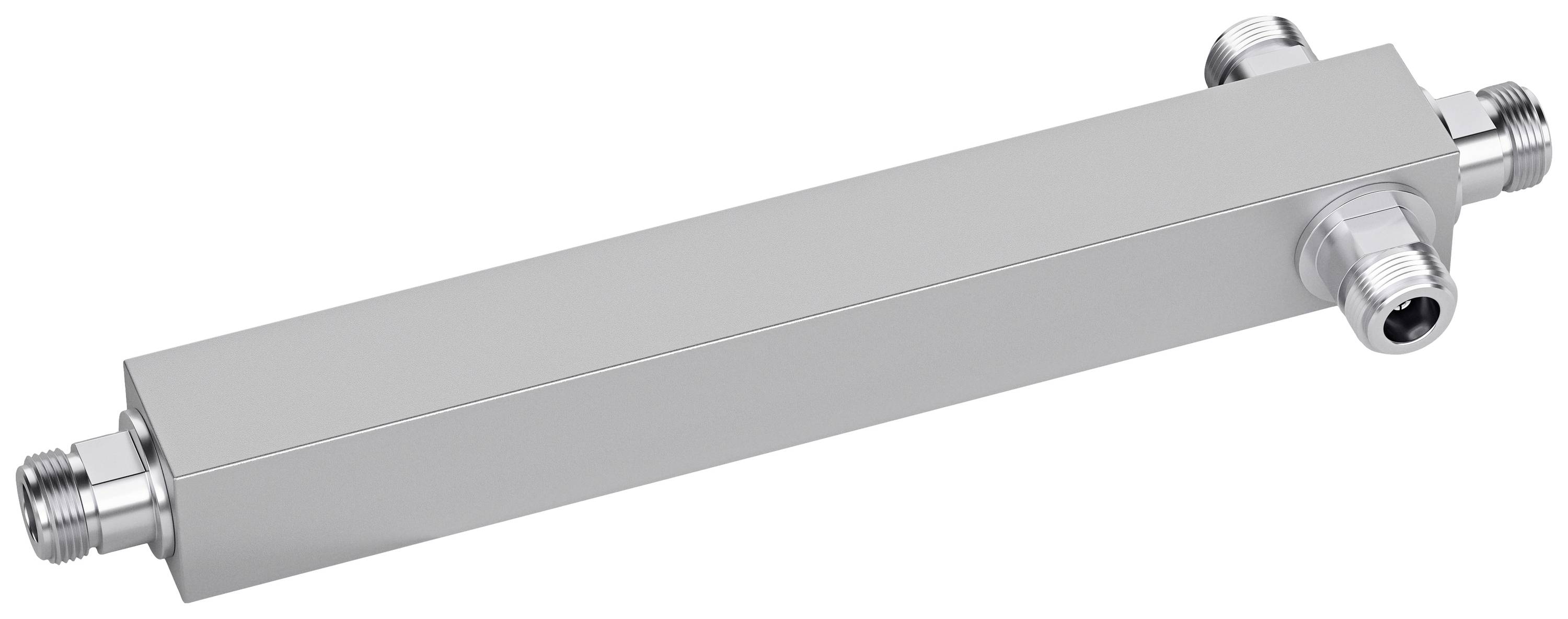 A rectangular metal connector with multiple pipe connections.