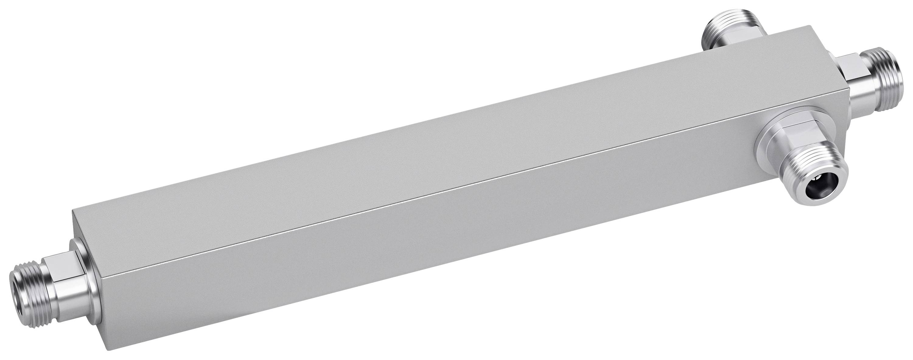 Metallic heat exchanger with four connections, plate-type, used in heating or cooling systems for energy transfer.