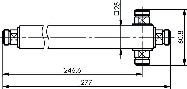 Technical drawing of a cylindrical object with dimensions: 277 mm length, 60.8 mm height. Contains two connections and dimensional specifications.