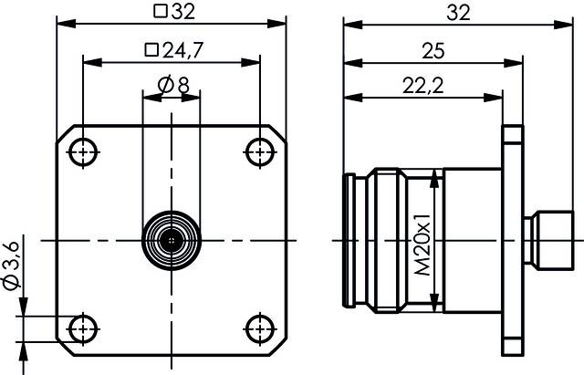 Technical drawing of a mounting flange with dimensions: width 32 mm, fixing hole 8 mm diameter, thread M20x1.