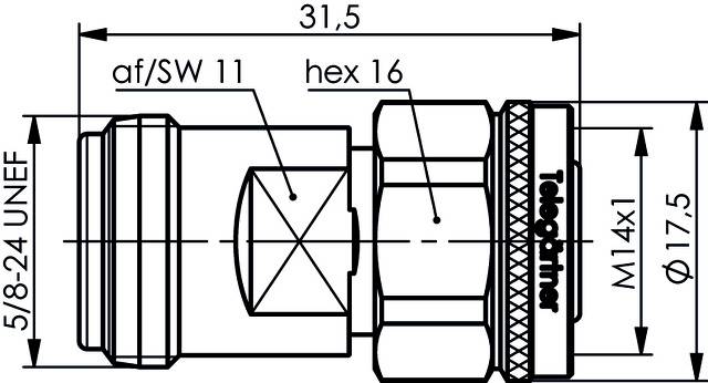 Technical drawing of a connector with dimensions: Length 31.5 mm, Thread 5/8-24 UNEF, Hexagon 16 mm, External thread M14x1.
