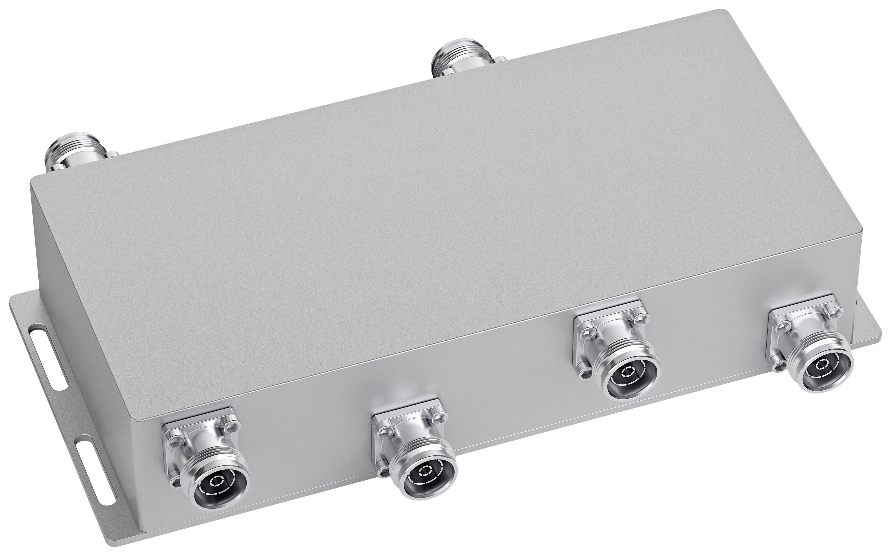 Metallic electronic enclosure with four round connectors on the side.