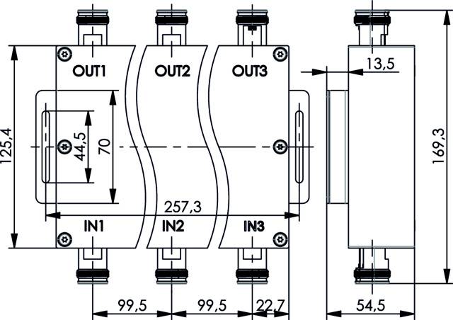 Figure of an electrical distribution system with three inputs (IN1, IN2, IN3) and three outputs (OUT1, OUT2, OUT3), including dimensional specifications.