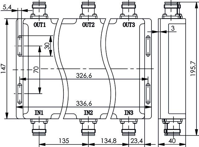 Technical drawing of a distributor with six connections, three inlets and three outlets, with detailed measurements in millimetres.
