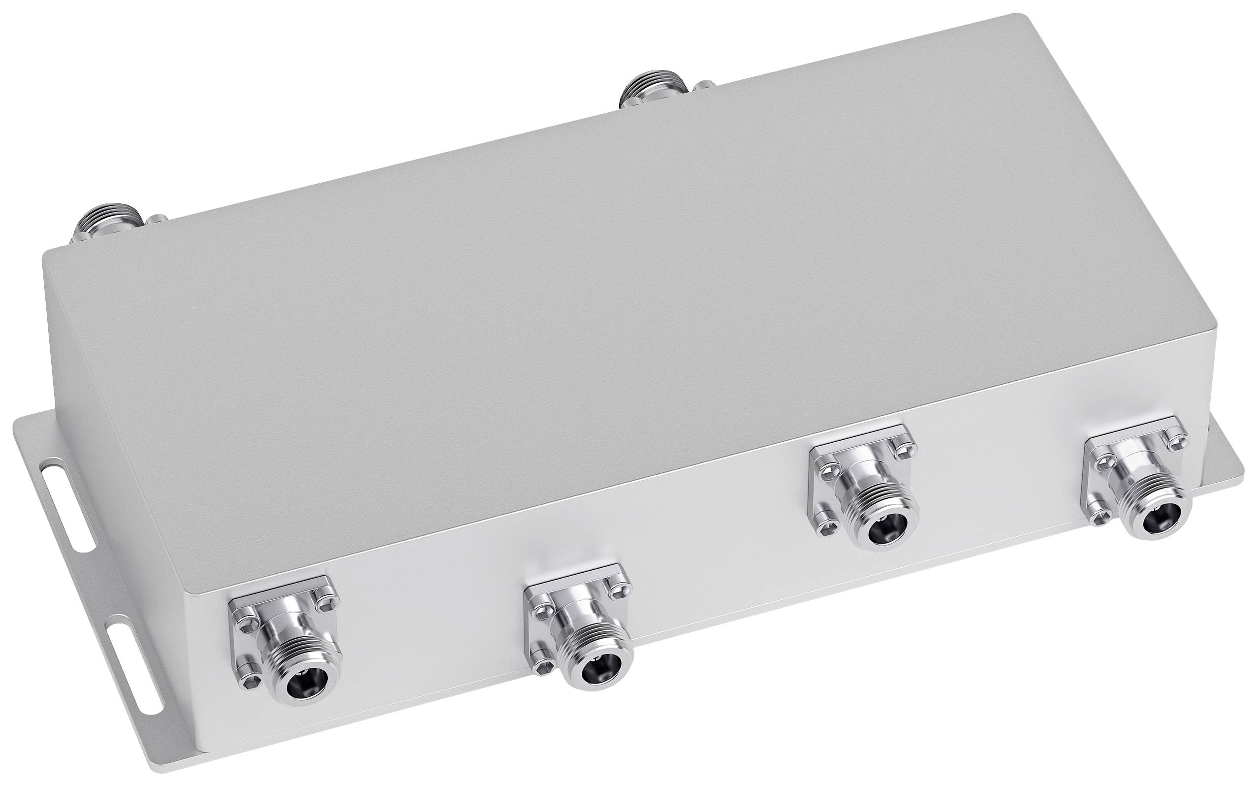 Rectangular metal casing with four connections on the front. It could be a distributor or signal amplifier.