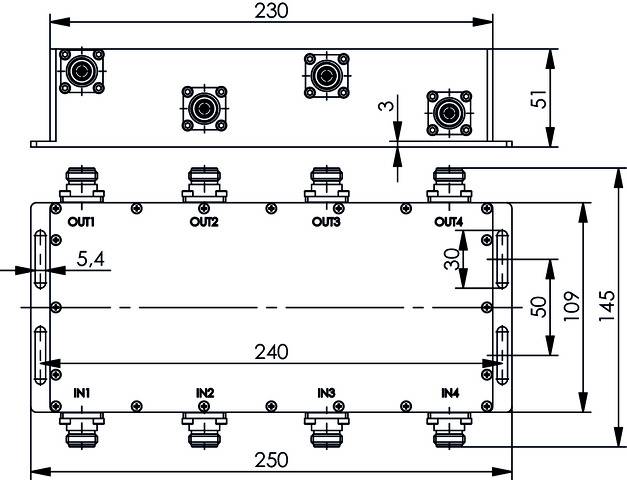 Technical drawing of a rectangular enclosure with four inlets and four outlets. Dimensions and drilling positions are specified.