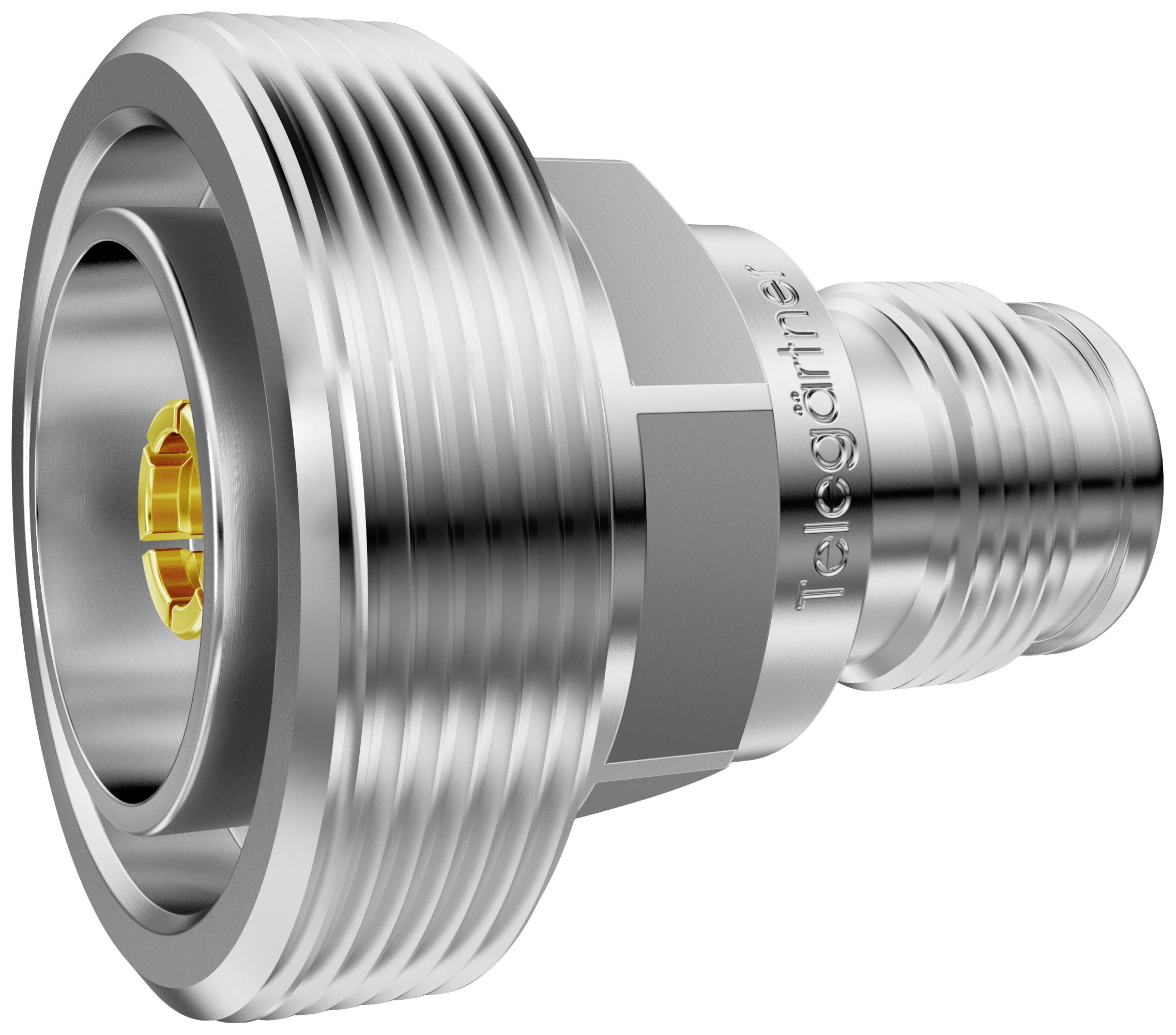 Metallic plug with a ribbed surface and gold-plated contacts, suitable for industrial applications.