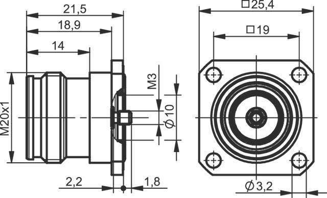 Technical drawing of a cylindrical component with dimensions. Side and front views show details and thread M20x1.