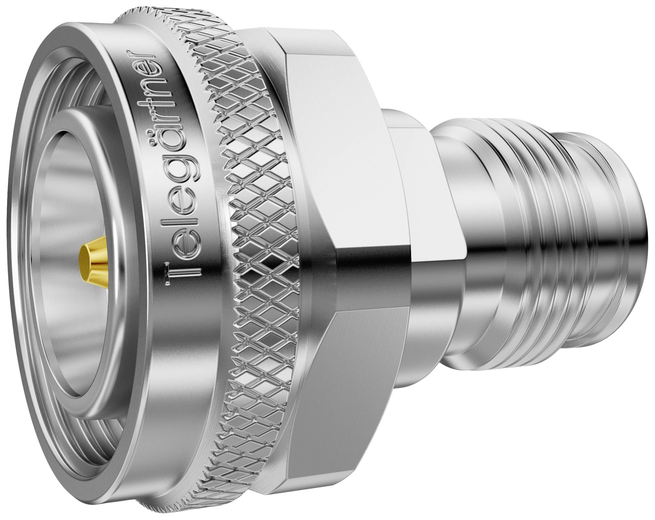 Metal screw connectors by Telegärtner with a fluted edge and smooth surface, suitable for high-frequency applications.