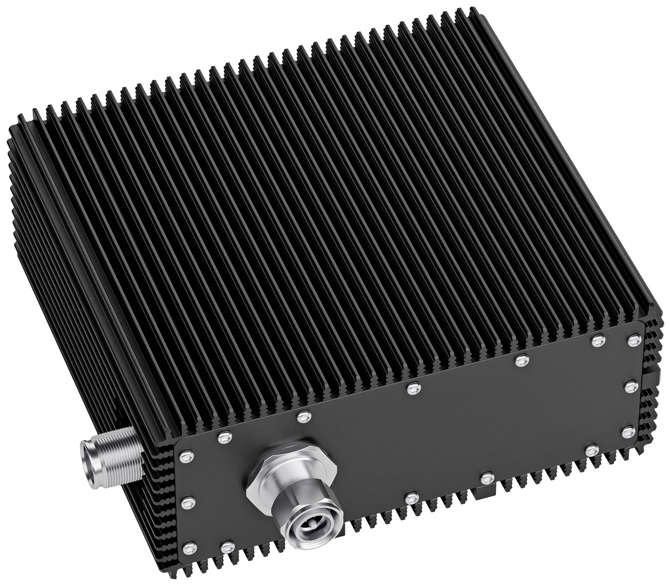 A black, rectangular heatsink enclosure with multiple screws and a connector on the front. Suitable for electronic equipment.
