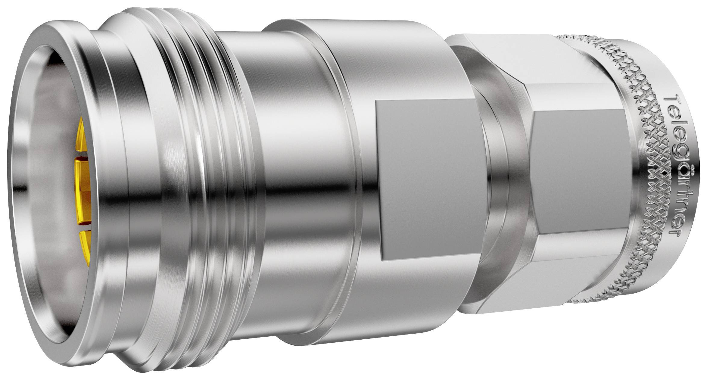 Metal threaded connection with a hexagonal screw head, bright surface, used in industrial plant installations.