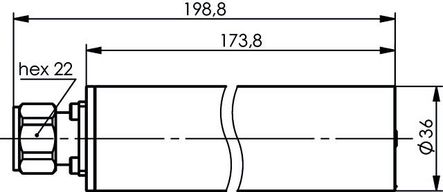 Technical drawing of a cylindrical object, length 198.8 mm, diameter 36 mm, hexagon 22 mm, internal length 173.8 mm.
