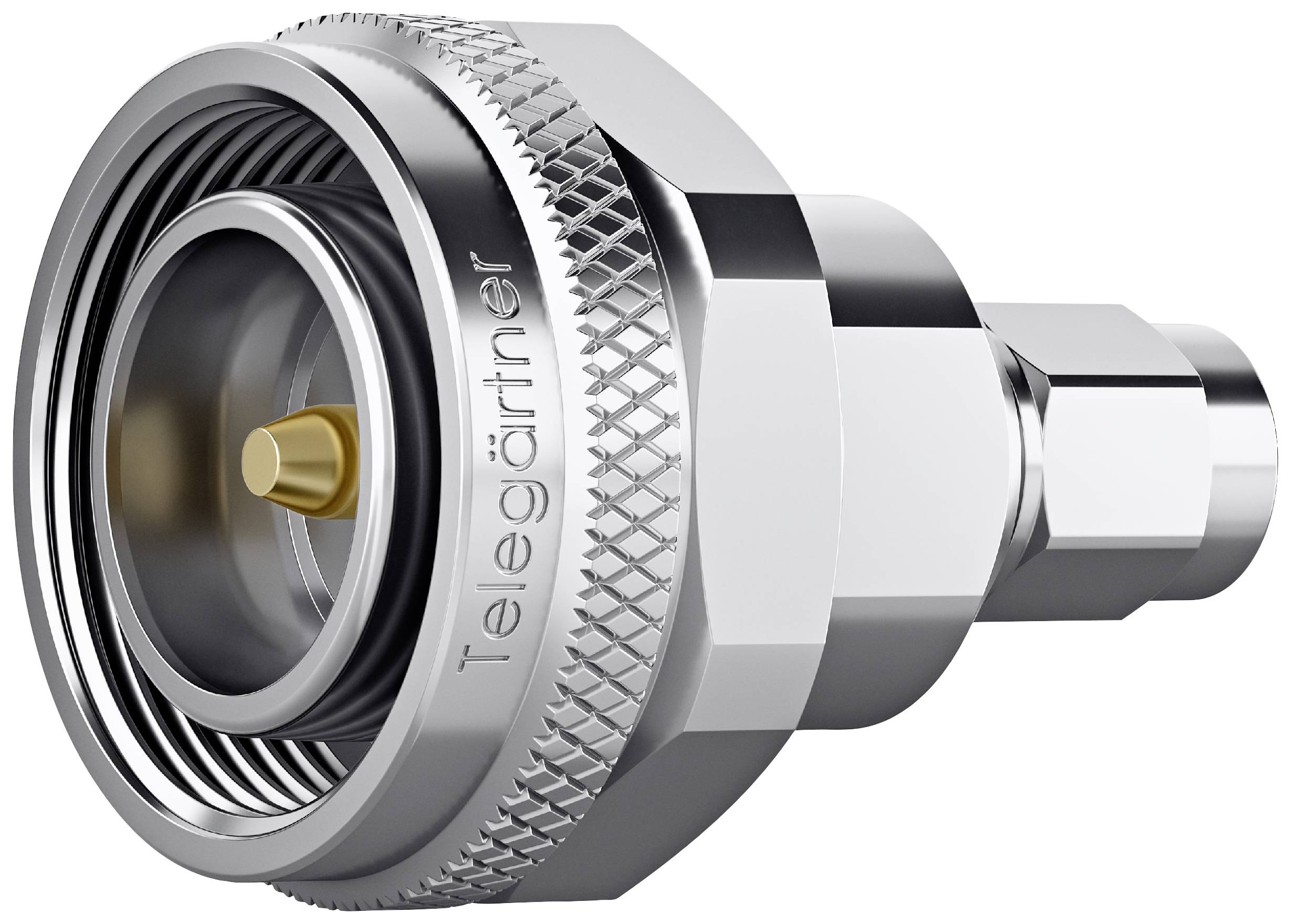 A silver high-frequency connector marked 'Telegärtner', suitable for coaxial cable connections in communication systems.