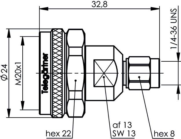 Technical drawing of a mechanical part with dimensions: Length 32.8 mm, Thread M20x1, hex 22, af 13, SW 13.