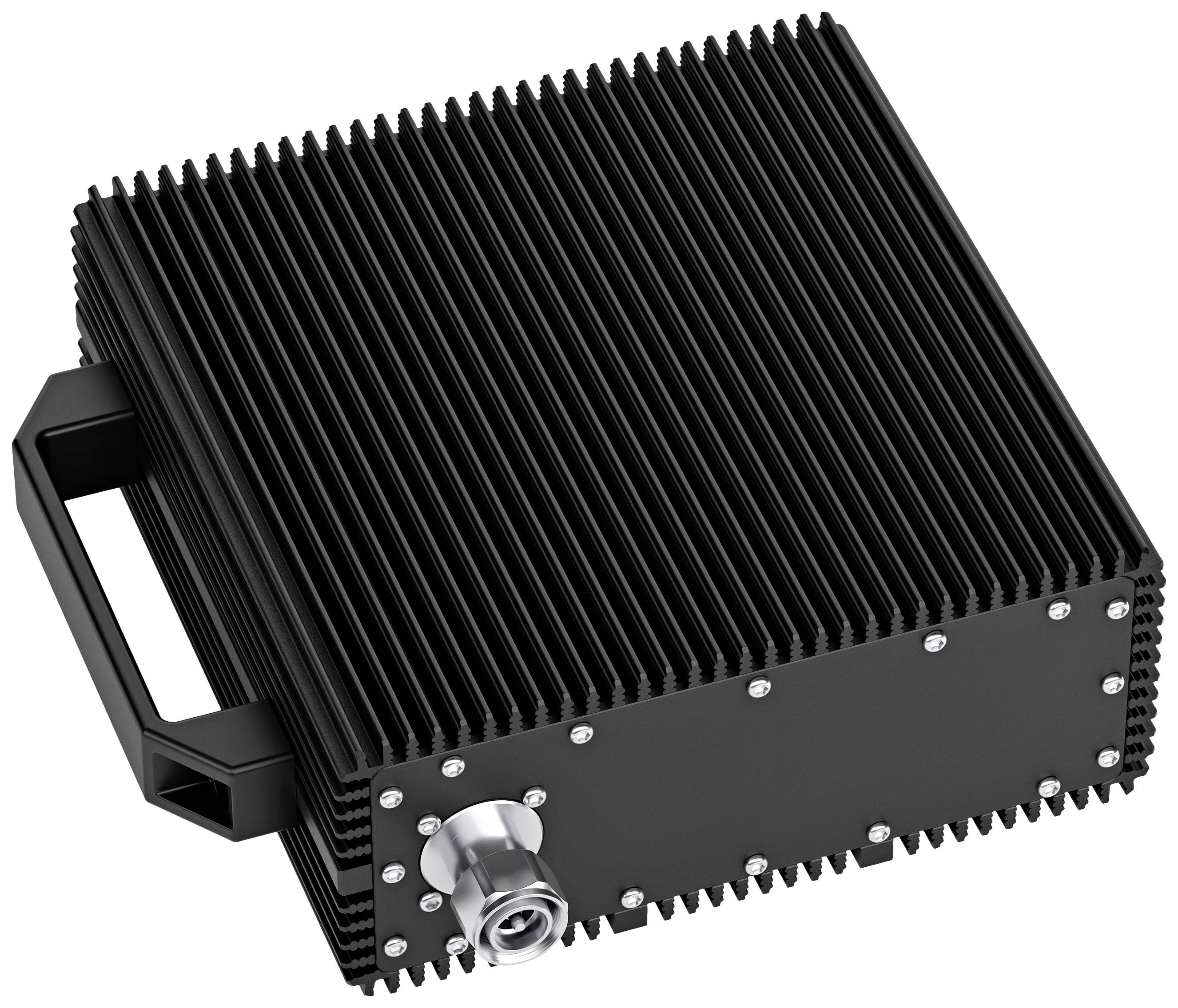 A metallic electronic device with heat sinks and a handle. A large screw connection is located at the front.