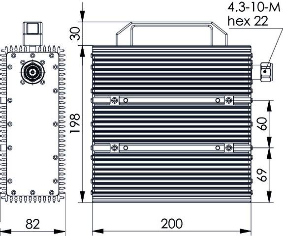 Technical drawing of a rectangular metallic device with cooling fins, dimensions: 82x198x200 mm, connection at top left.