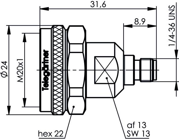 Technical drawing of a connector with dimensions: Length 31.6 mm, Diameter 24 mm. Labels: 'Tele' and 'hex 22'.