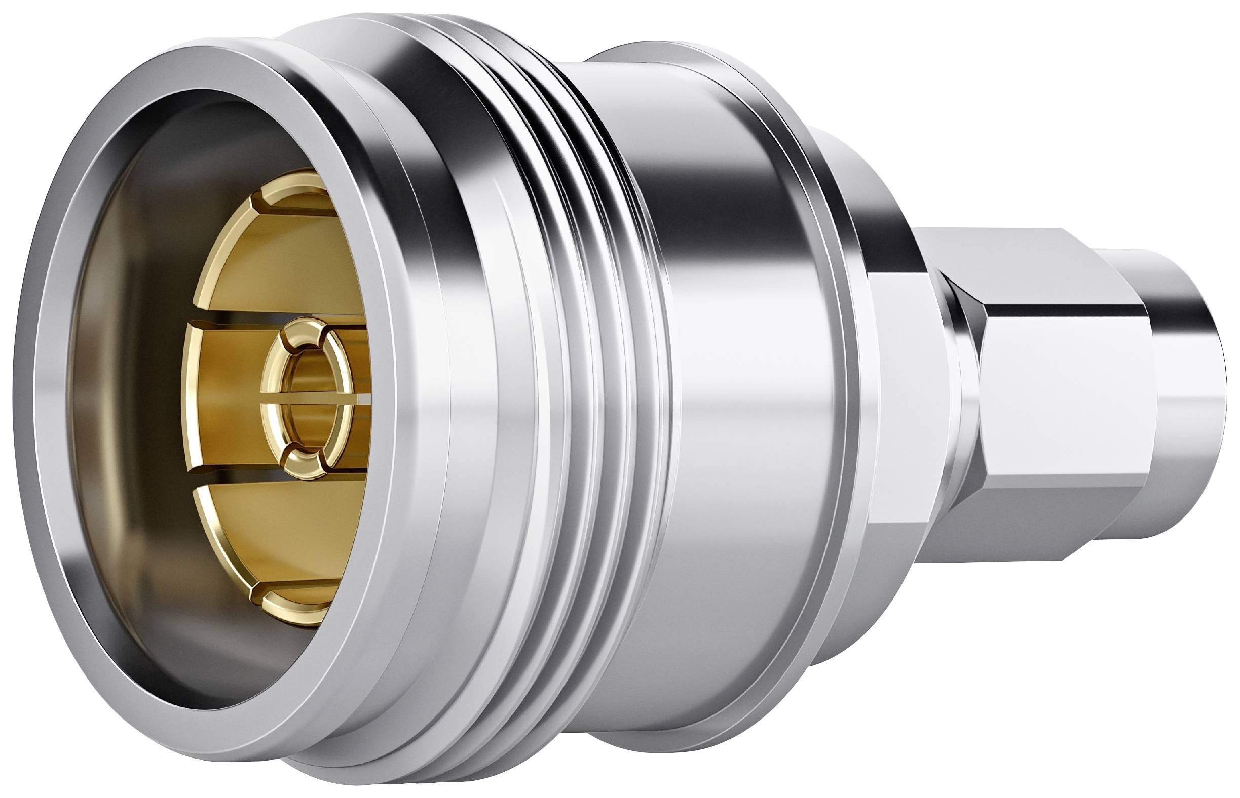 Metallic plug with a smooth silver surface and a gold-coloured inner ring.