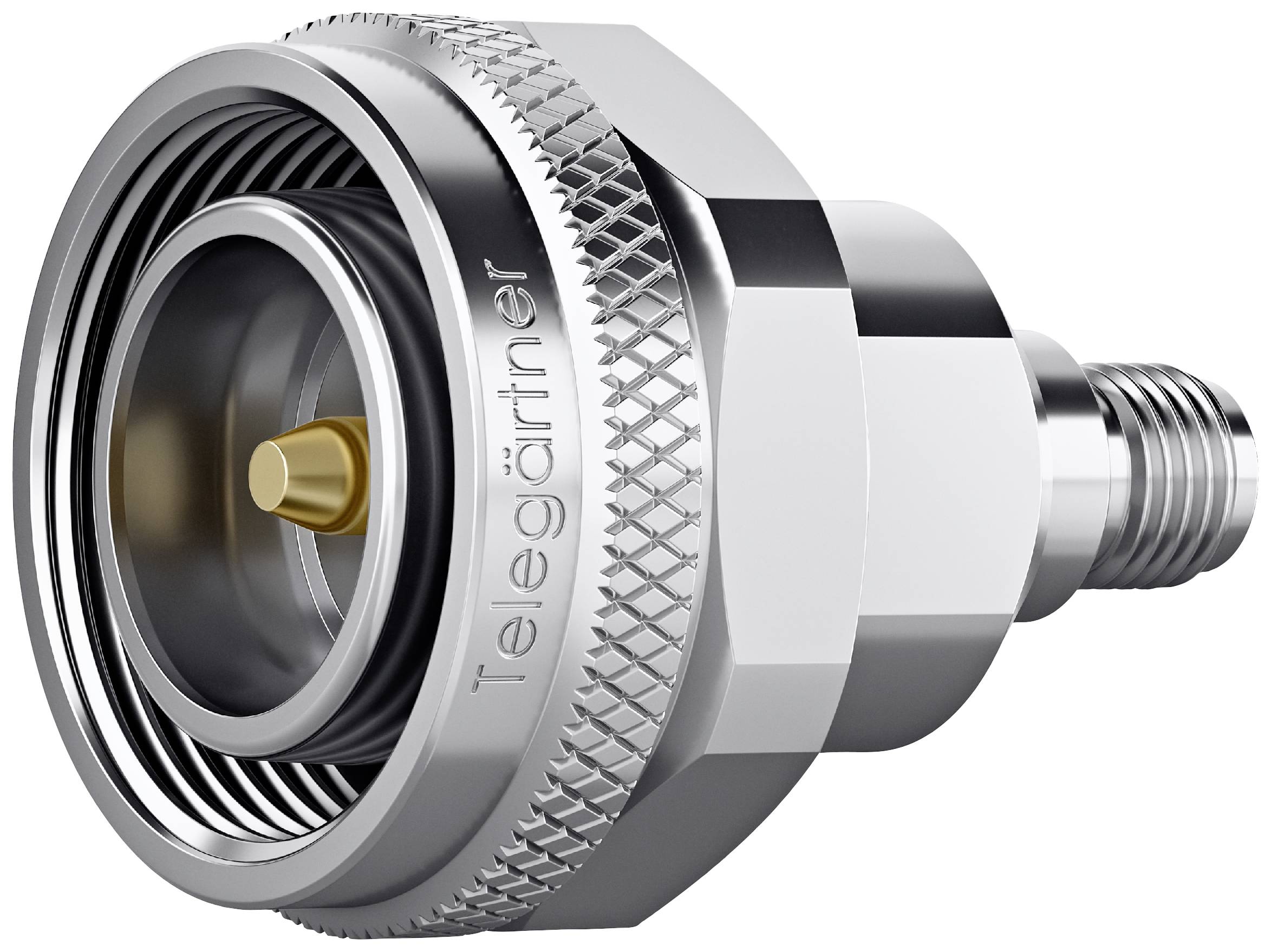 'Telegärtner' metal coaxial connector with knurled structure, brass-coloured inner part, suitable for RF connections in telecommunications.