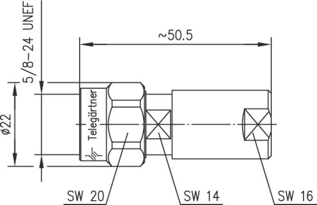 F-Connector Drawing with Labels: 'Telegärtner', Dimensions: Total Length ~50.5 mm, Diameter 5/8-24 UNEF. Spanner Sizes: SW 20, SW 14, SW 16.