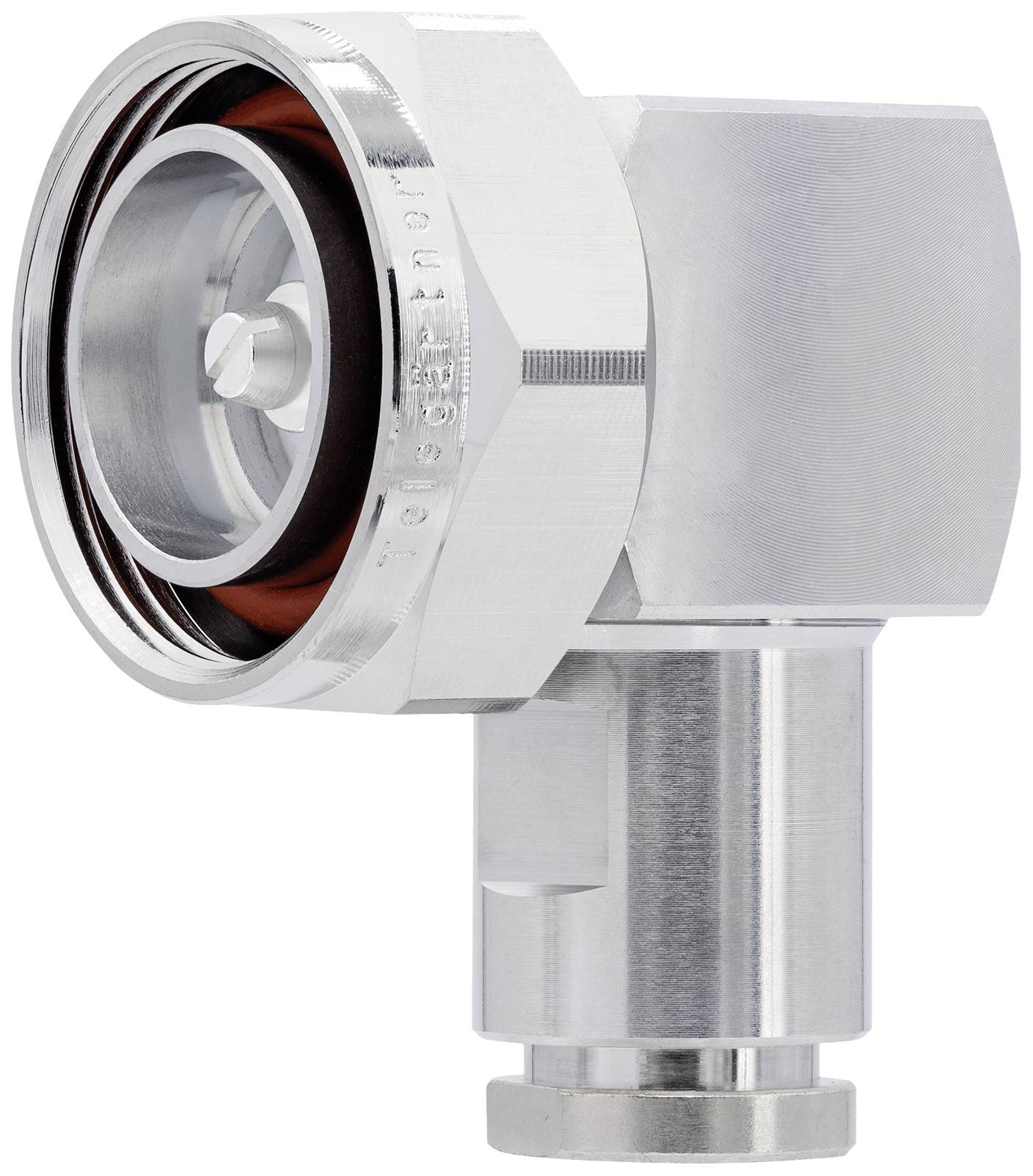 Metallic angle connector with visible seals, used in technical or industrial applications.